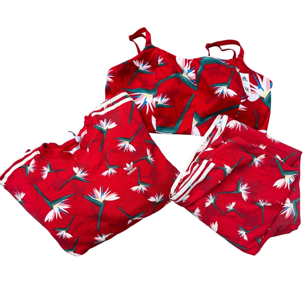 Adidas x Thebe Magugu 3 Pc Activewear Set 3x Floral Red Top Leggings Bra Women's